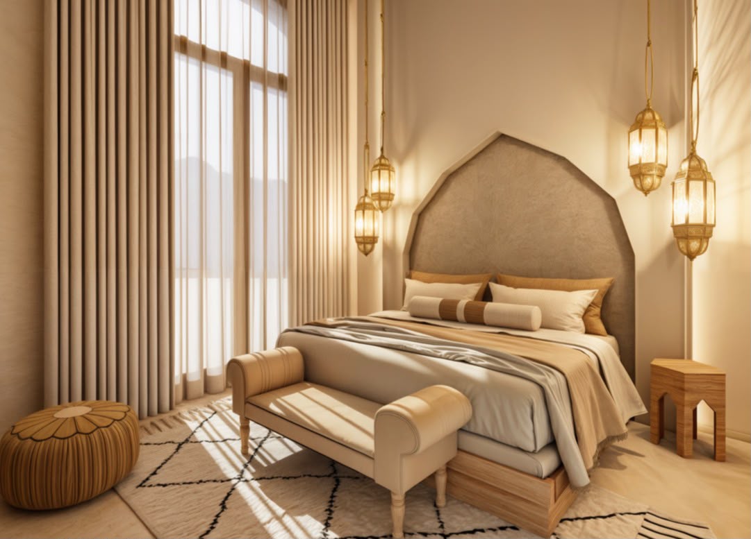 Chambre de luxe avec alcôve mauresque et lanternes marocaines dorées