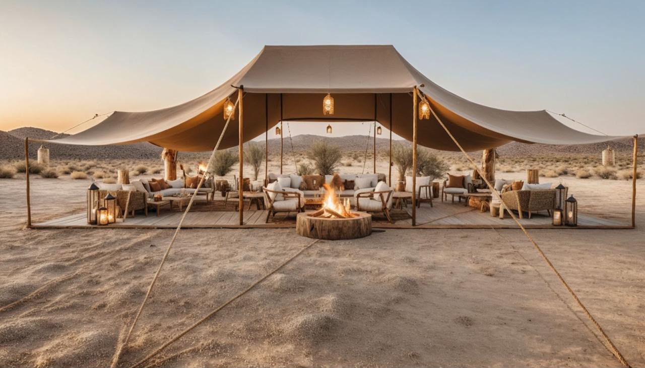 Lounge désert sous tente tensile avec brasero au coucher du soleil