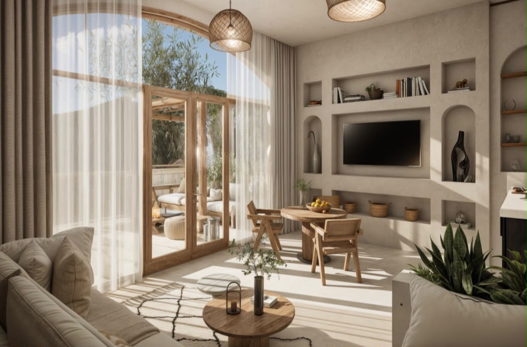 Salon baigné de soleil s'ouvrant sur une terrasse privée avec vue sur le jardin