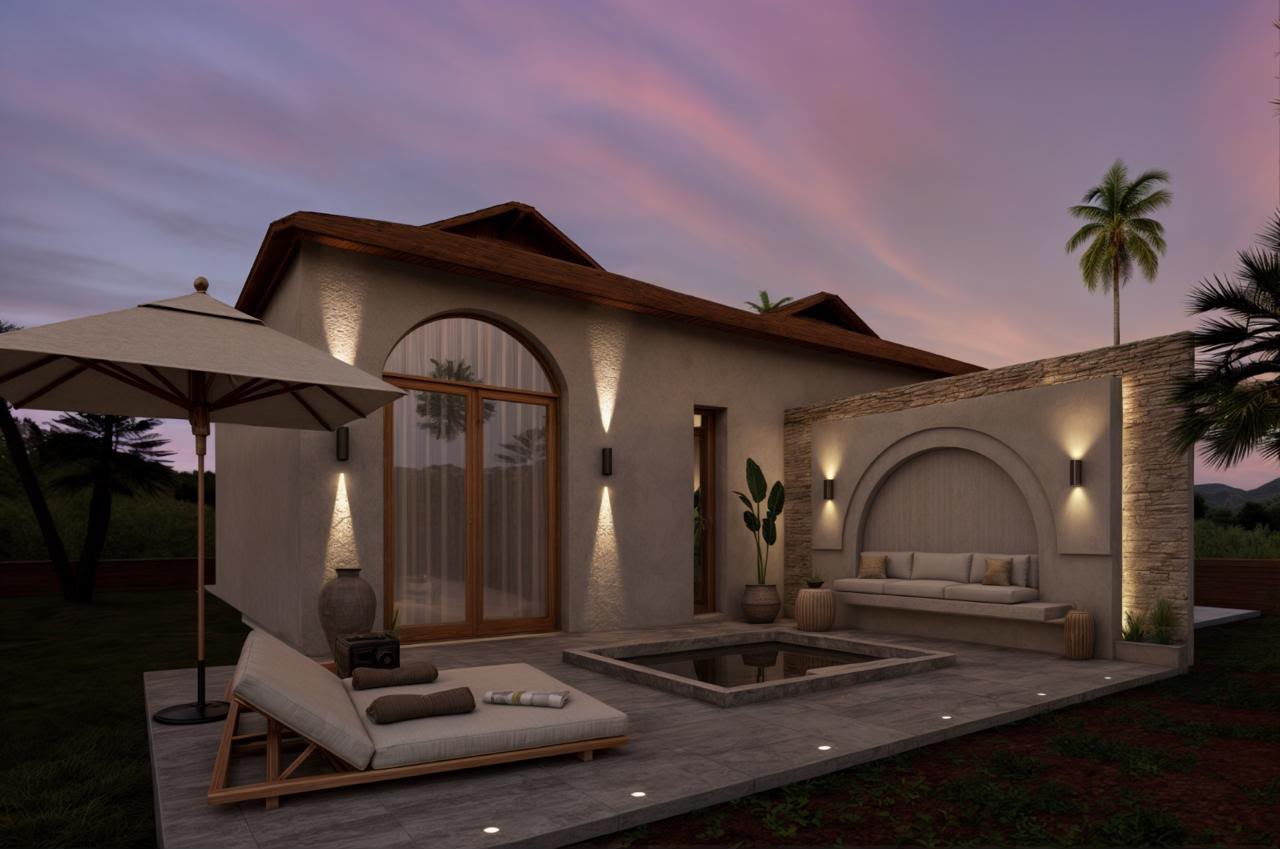 Patio privé avec piscine à débordement et extérieur de villa au crépuscule