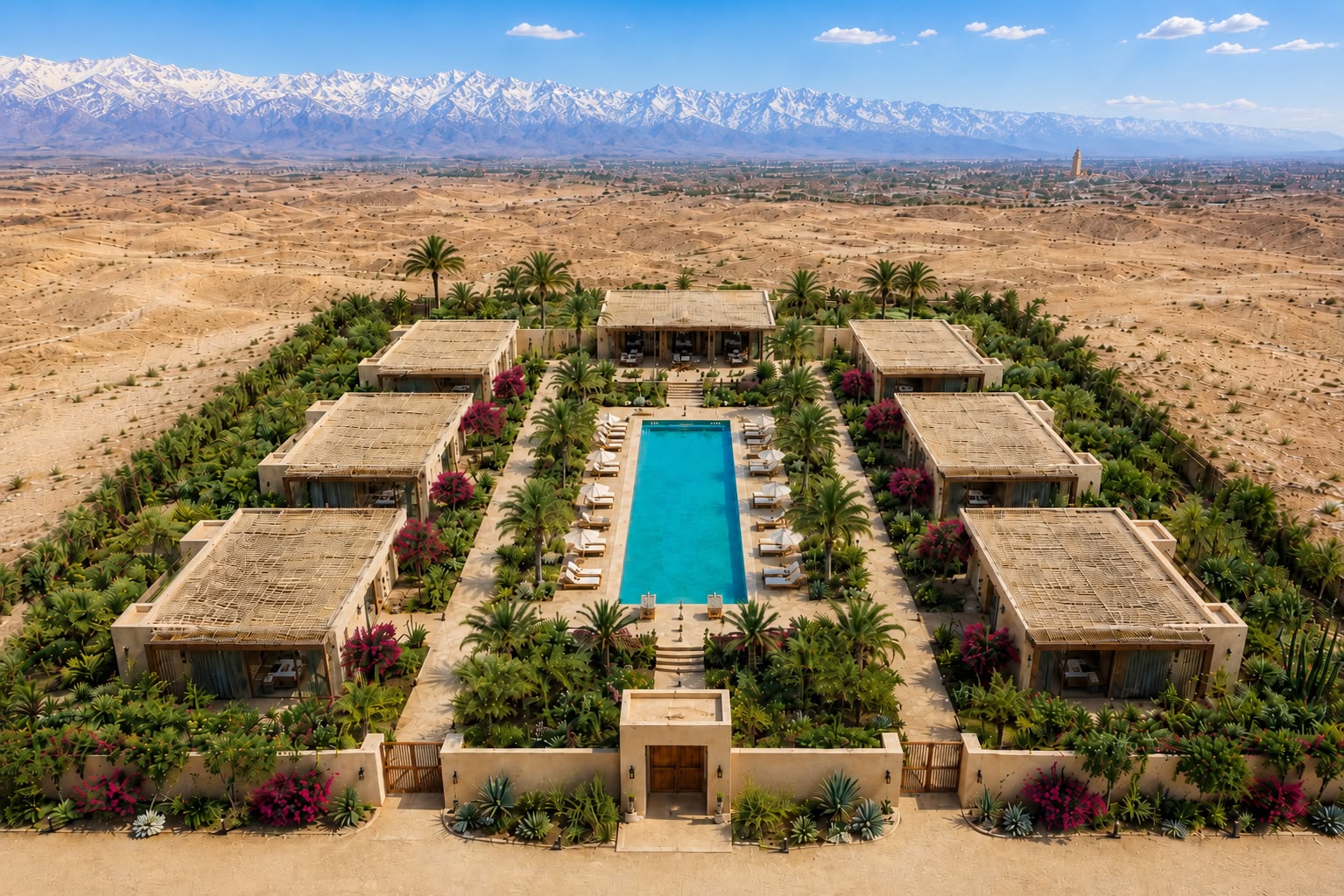 Vue aérienne de l'oasis de la résidence avec les sommets enneigés de l'Atlas au loin