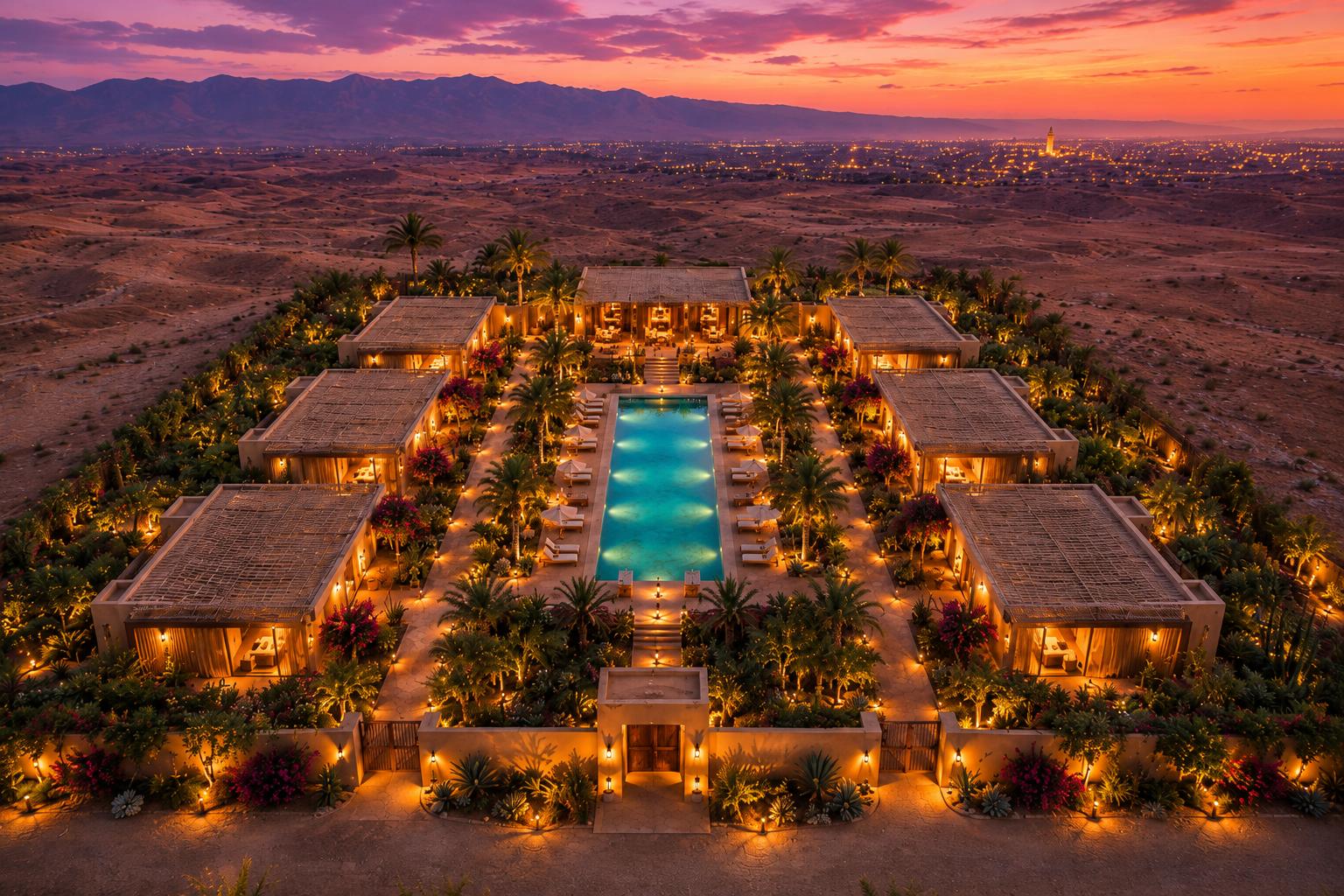 Vue aérienne de Maison Calista au coucher du soleil avec piscine illuminée près de Marrakech