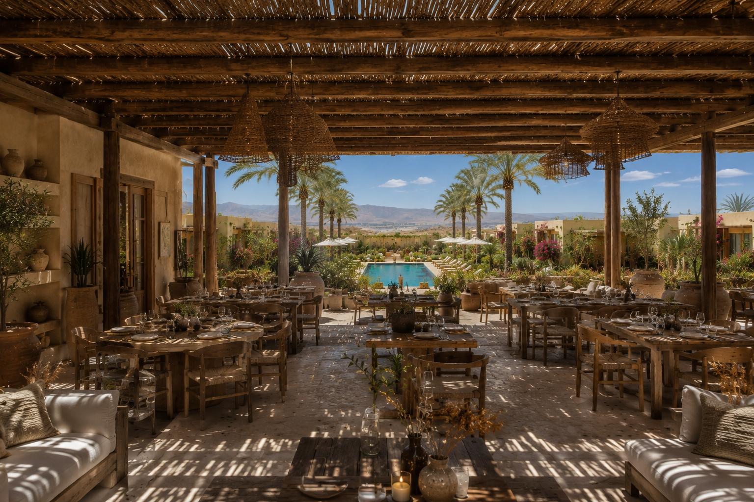 Salle de restaurant de jour avec vue sur la piscine et le jardin