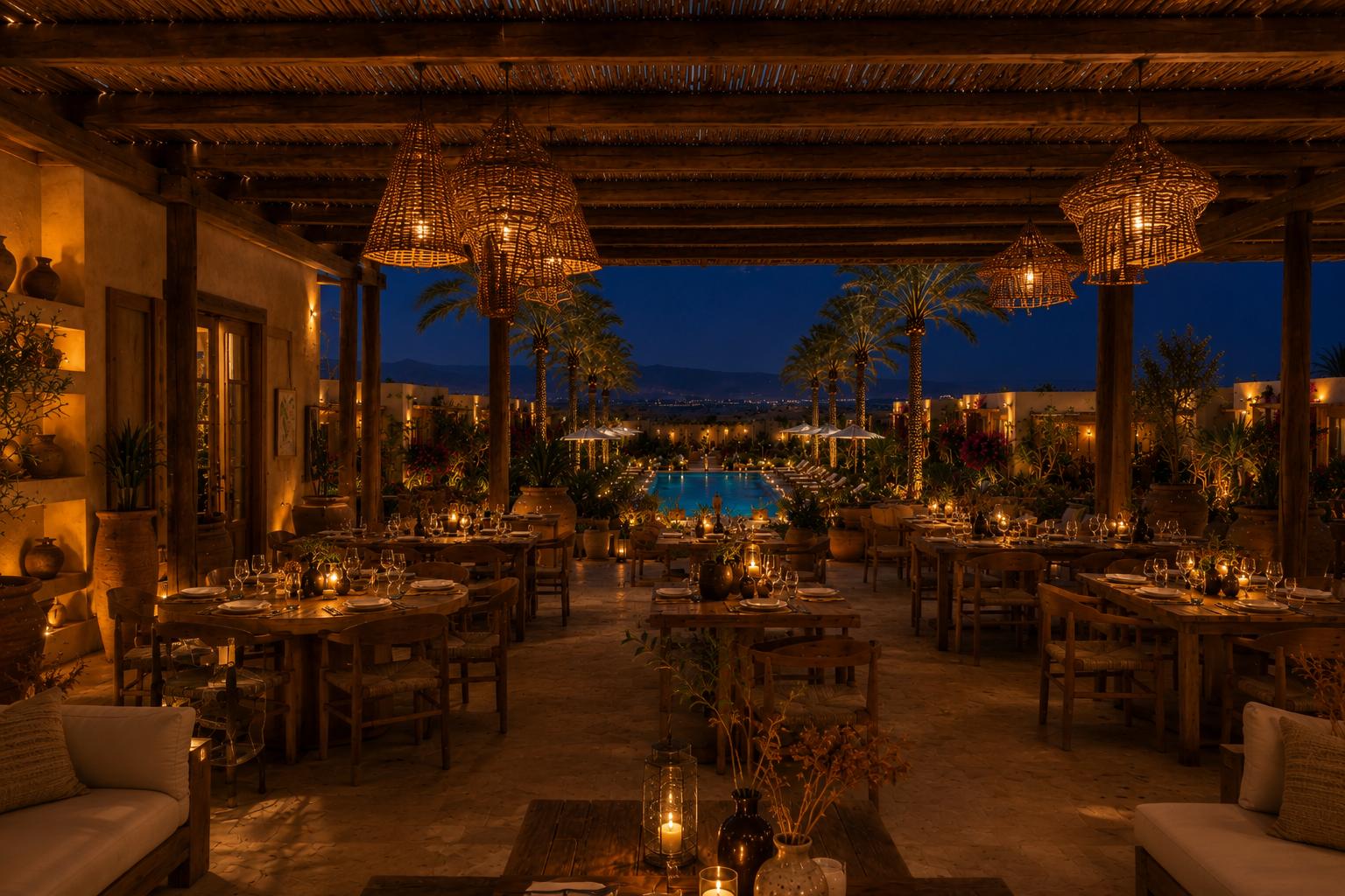 Salon restaurant aux chandelles surplombant la piscine illuminée au crépuscule