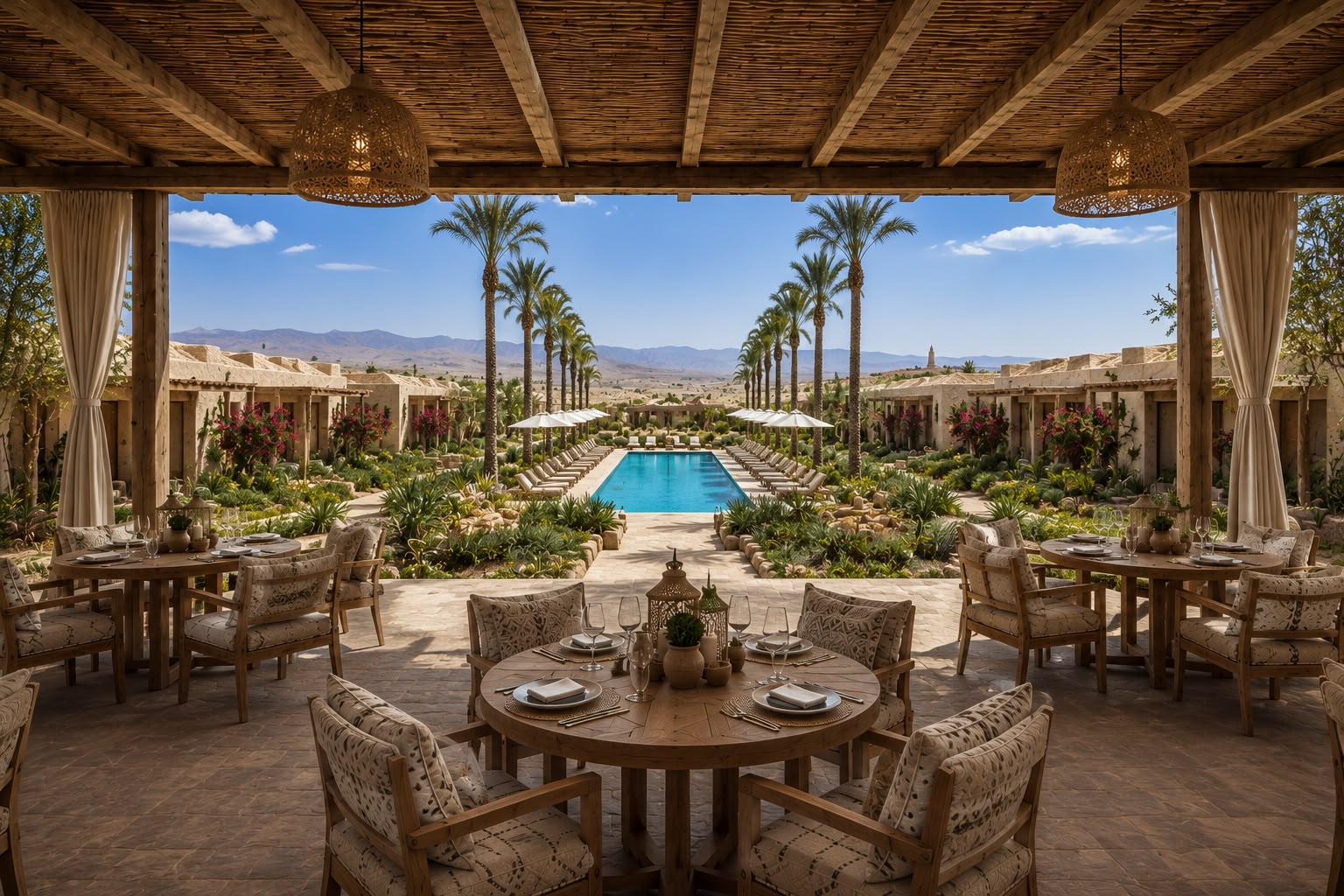 Vue symétrique depuis le restaurant à travers la piscine vers l'Atlas