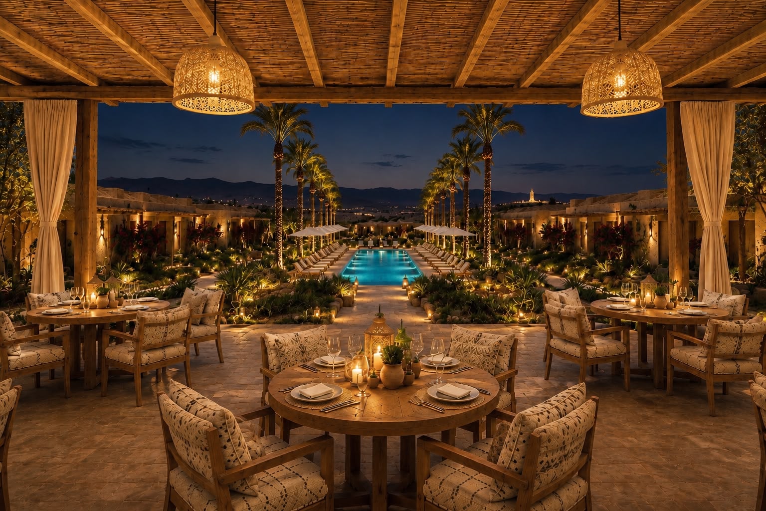 Dîner de nuit en terrasse aux chandelles avec piscine illuminée