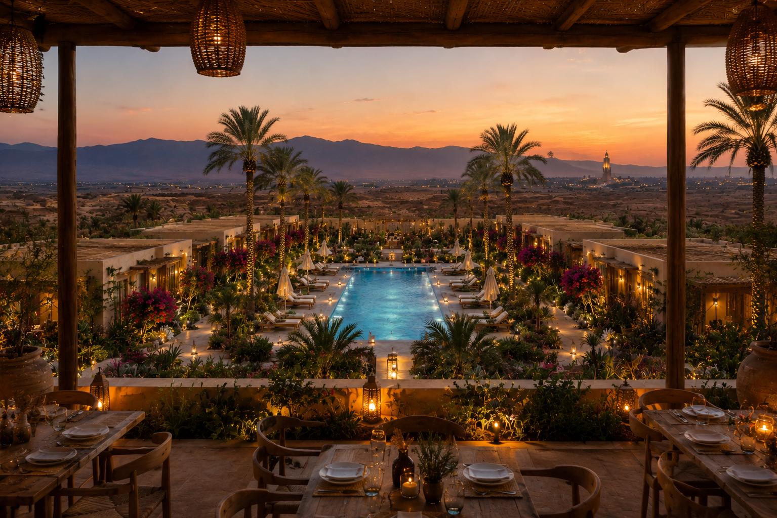 Maison Calista au crépuscule — terrasse éclairée aux bougies, piscine illuminée et Atlas au loin