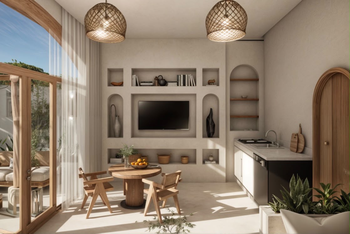 Studio ouvert avec niches en arc, table à manger et kitchenette