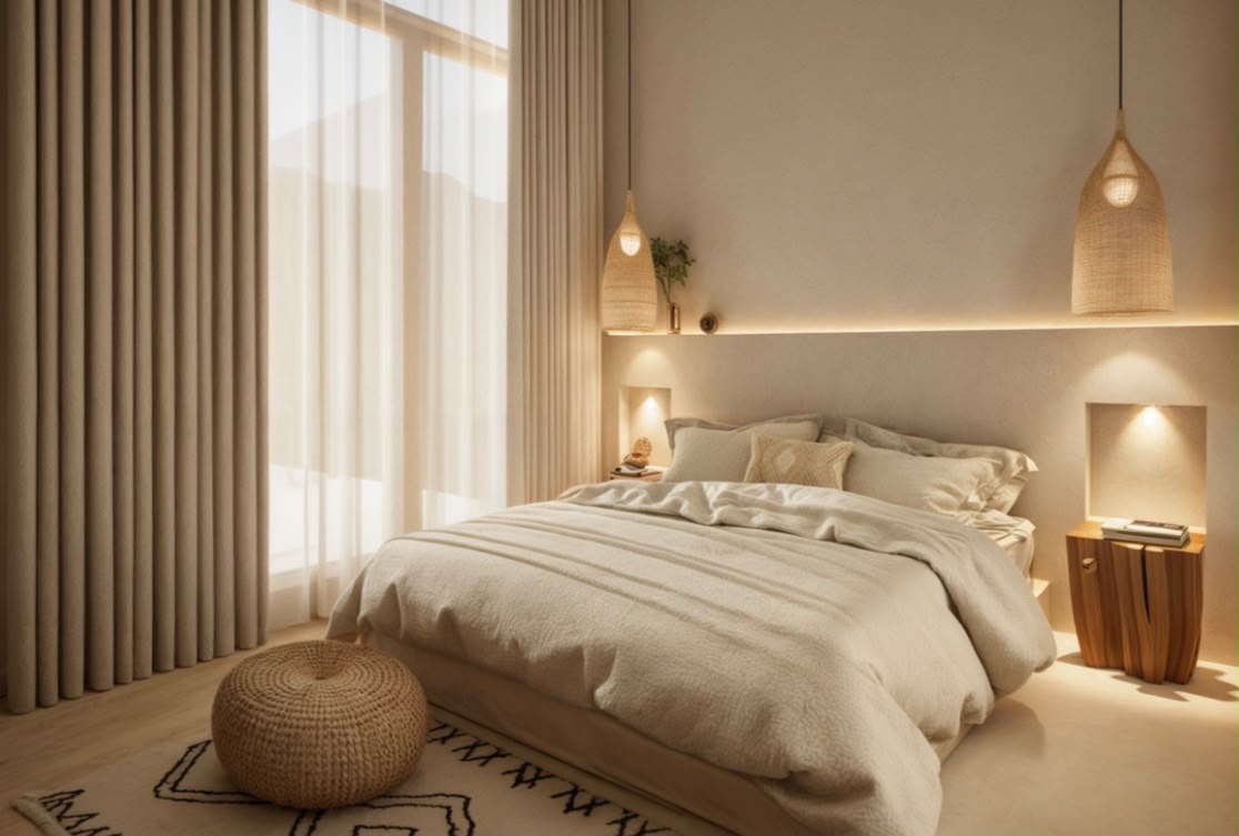 Suite apaisante avec suspensions tissées et lumière dorée du soir