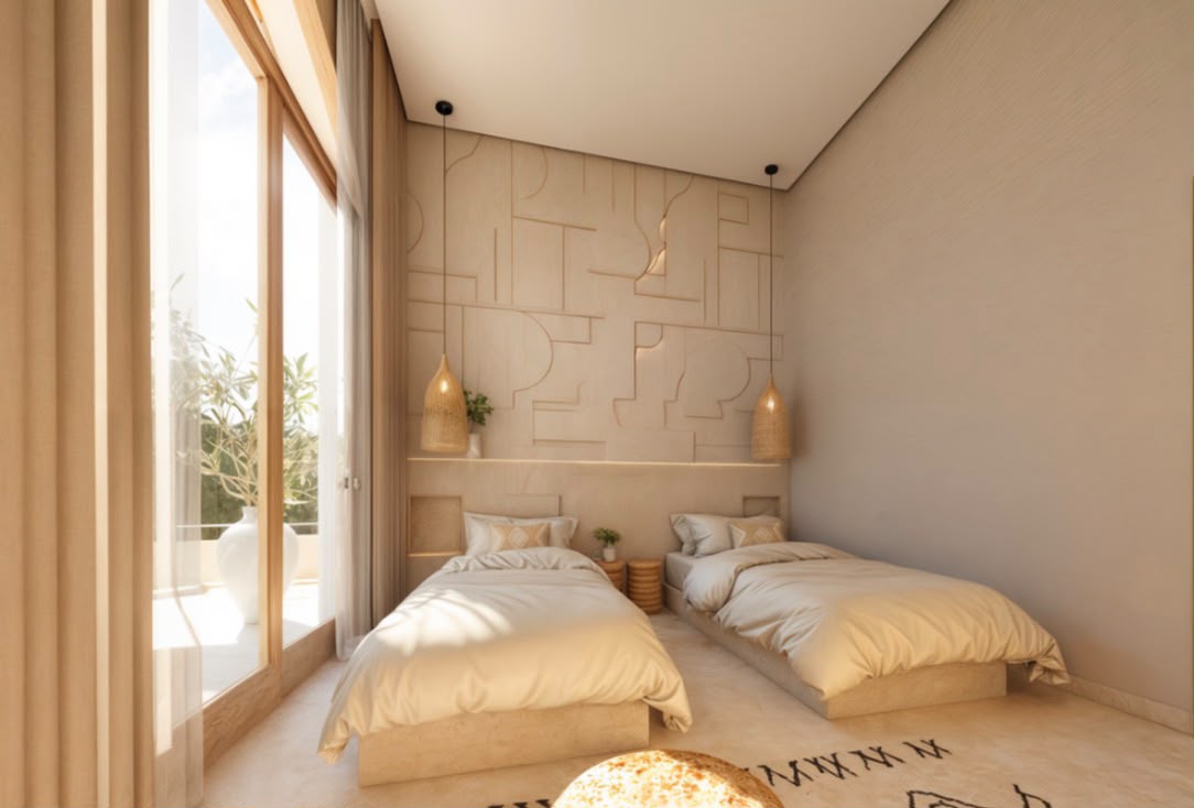 Chambre twin lumineuse avec suspensions tressées et mur en relief sculpté